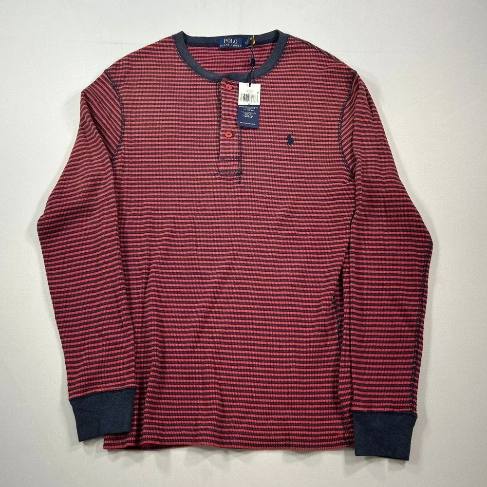 Polo Ralph Lauren Waffle Knit‎ Shirt Men Medium Red Striped Crewneck Thermal NEW